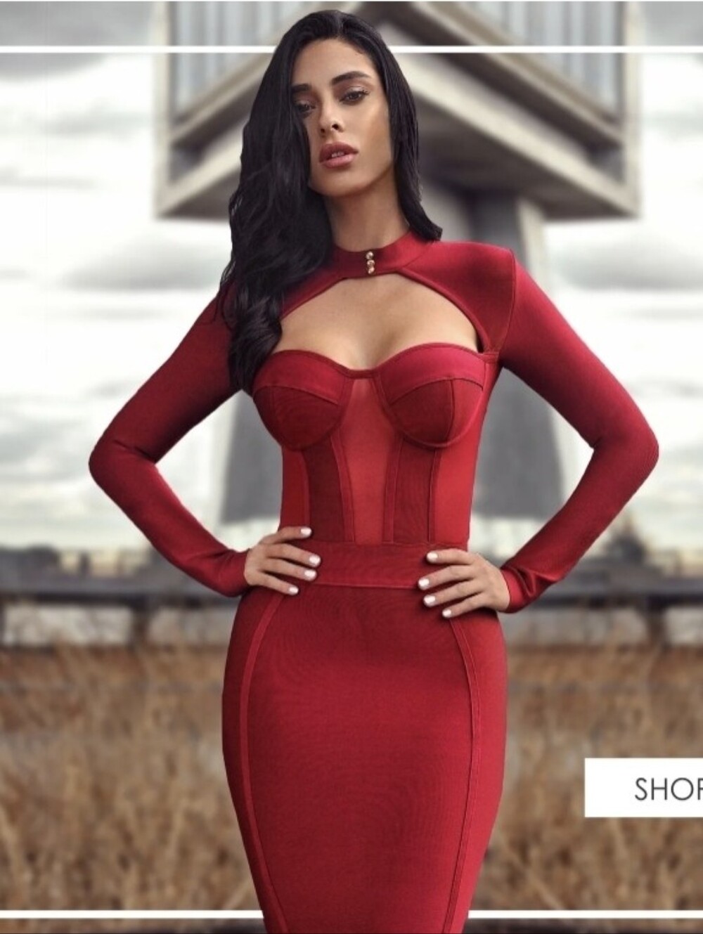 Red Long-Sleeve Cutout Bandage Dress